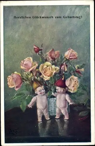 Ak Glückwunsch Geburtstag, Gratulanten, Blumenkorb