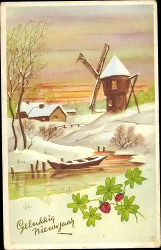 Ak Glückwunsch Neujahr, Windmühle, Glücksklee, Marienkäfer, Ruderboot