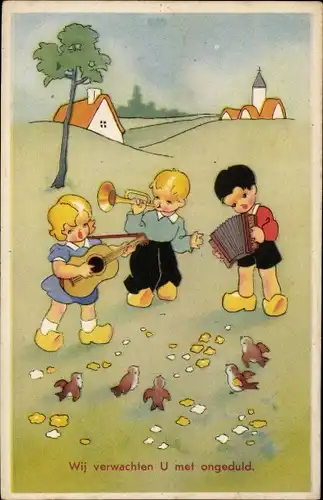 Ak Musizierende Kinder, Vögel, Gitarre, Trompete