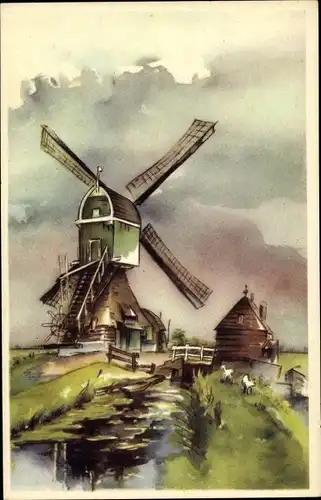 Ak Windmühle am Fluss, Wohnhaus, Wiese