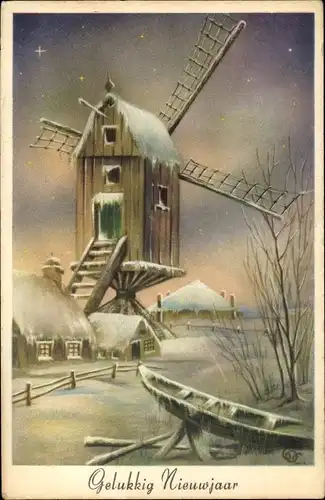 Ak Glückwunsch Neujahr, Windmühle, Winter, Ruderboot