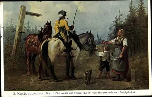 Künstler Ak Müller, G., Kursächsischer Postillion 1790 mit ledigen Pferden, Hoyerswerda Königsbrück