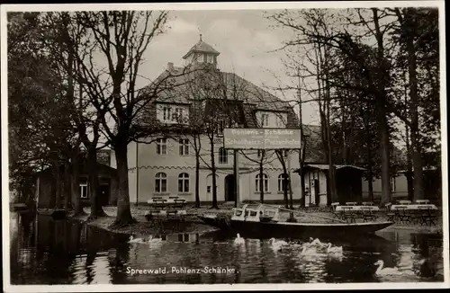 Ak Pohlenzschänke Leipe Lübbenau im Spreewald, Gastwirtschaft, Kahn