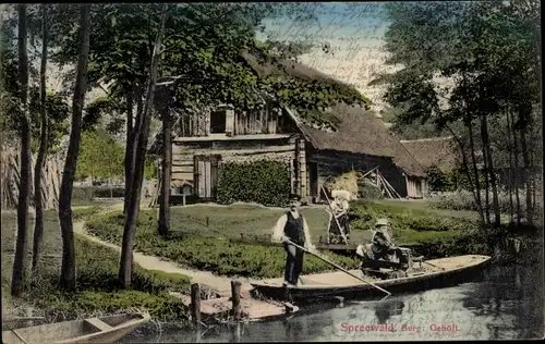 Ak Burg im Spreewald, Gehöft, Kahn