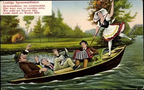 Ak Spreewald, Lustige Spreewaldfahrt, Kahn, Frau in Tracht, Musikant, Akkordeon