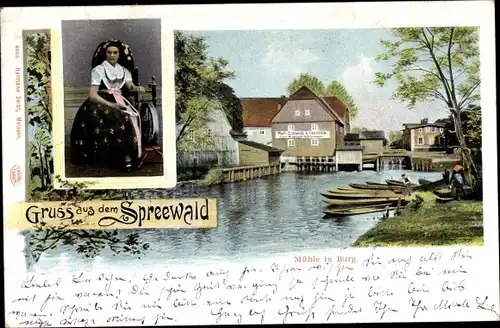 Ak Burg im Spreewald, Frau in Volkstracht, Mühle