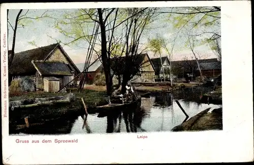 Ak Leipe Lübbenau im Spreewald, Teilansicht, Kahn