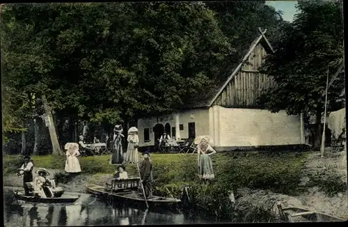 Ak Kauper Burg im Spreewald, Restaurant Erholungsplatz, Frau in Trachten, Kähne