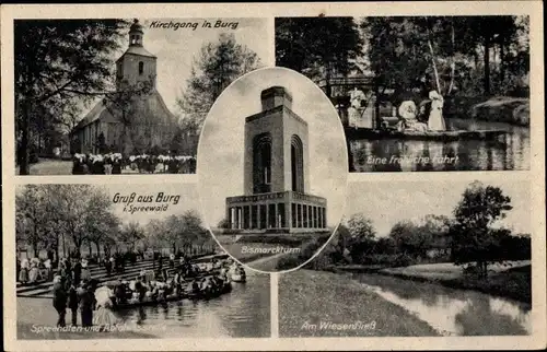 Ak Burg im Spreewald, Kirchgang, Bismarckturm, Spreehafen, Abfahrtsstelle, Wiesenfließ, Trachten