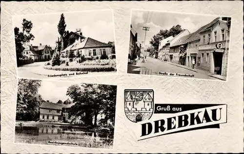 Ak Drebkau Niederlausitz, Straße der Freundschaft, Friedensplatz, Bahnhof, Bezirksjugendschule