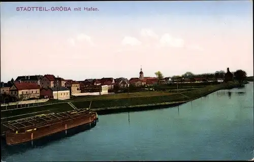 Ak Gröba Riesa an der Elbe Sachen, Blick auf den Ort mit Hafen