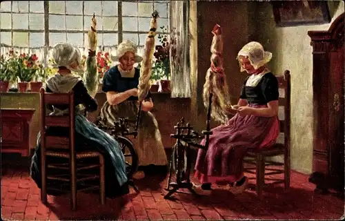 Künstler Ak Drei Frauen in Tracht, Spinnräder