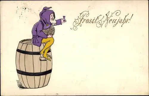Ak Fröhliches Neujahr, Zwerg auf einem Fass, Weinglas