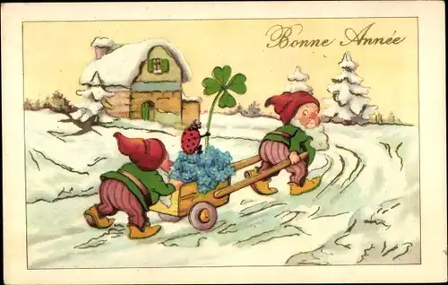 Ak Fröhliches Neujahr, Zwerge mit Handwagen, Marienkäfer, Kleeblätt, Vergissmeinnicht