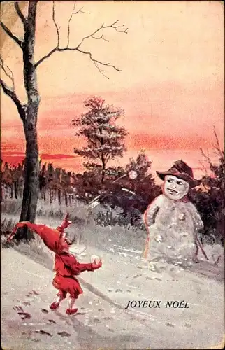 Ak Frohe Weihnachten, Zwerg wirft Schneeball auf einen Schneemann