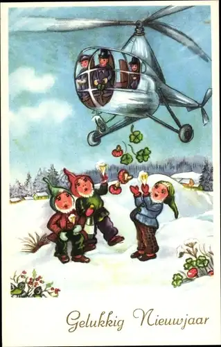 Ak Fröhliches Neujahr, Zwerge mit Sekt, Hubschrauber wirft Kleeblätter und Pilze ab