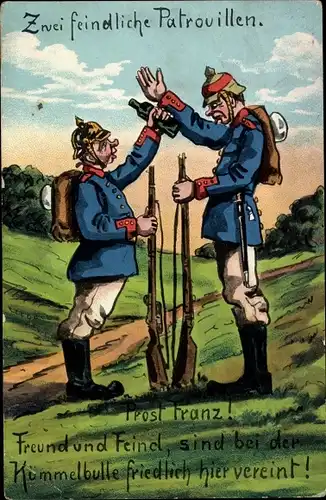 Künstler Ak Zwei feindliche Patrouillen, mit Schnapsflasche friedlich vereint, Prost Franz