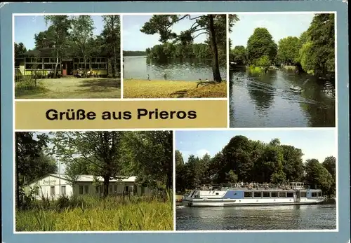 Ak Prieros Heidesee in der Mark, Waldrestaurant Tiefer See, Anglerheim des DAV der DDR, MS Weihe