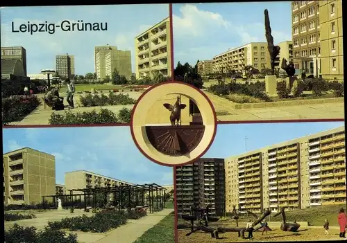 Ak Grünau Leipzig in Sachsen, Alte Salzstraße, Sonnenuhr an der Ringstraße, Grünauer Allee