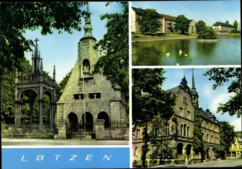 Ak Lützen im Burgenlandkreis, Gustav-Adolf-Denkmal, Schwanenteich, Rathaus