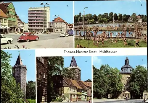Ak Mühlhausen in Thüringen, Wilhelm-Pieck-Platz, Schwanenteich, Rabenturm, Freibad, Frauentor