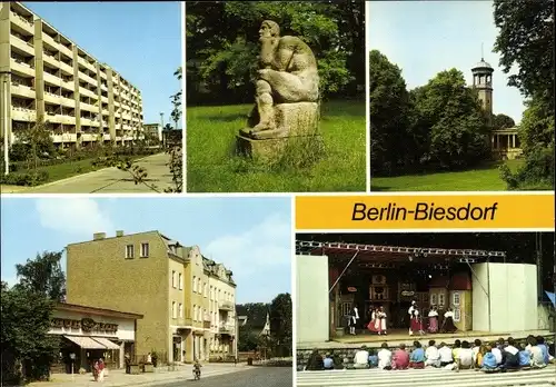 Ak Berlin Marzahn Biesdorf, Wohngebiet Albert Norden Straße, Plastik im Schlosspark, Oberfeldstraße