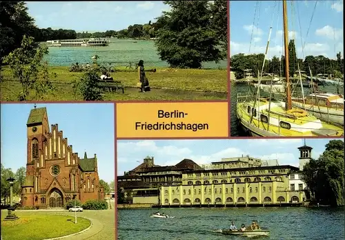 Ak Berlin Köpenick Friedrichshagen, Müggelspree, Christophorus-Kirche, Seglerhafen, Bürgerbräu