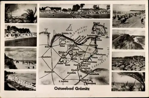 Ak Ostseebad Grömitz in Holstein, Landkarte, Hohes Ufer, Strand, Srtandkörbe