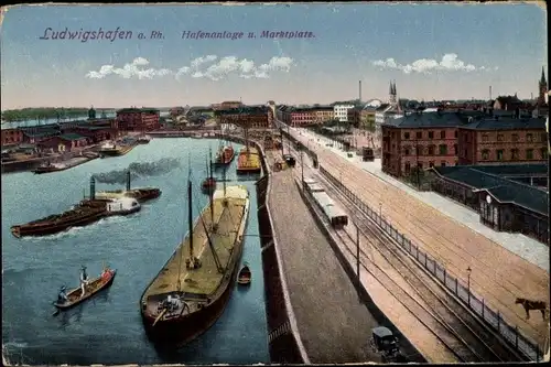 Ak Ludwigshafen am Rhein, Hafenanlagen und Marktplatz