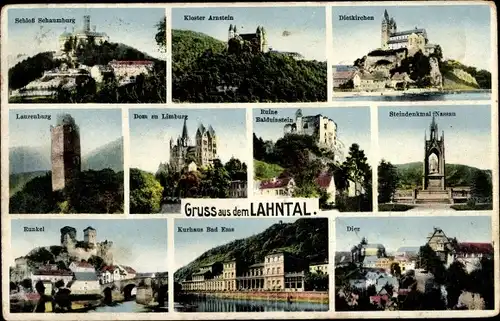 Ak Balduinstein an der Lahn, Schloss Schaumburg, Kloster Arnstein, Dietkirchen, Laurenburg, Diez