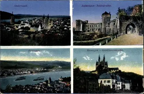 Ak Andernach am Rhein, Gesamtansicht, Schlossruine, Rheinpartie, Remagen Apollinariskirche