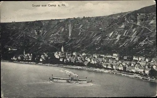 Ak Bornhofen am Rhein, Camp am Rhein, Gesamtansicht, Dampfer, Berg