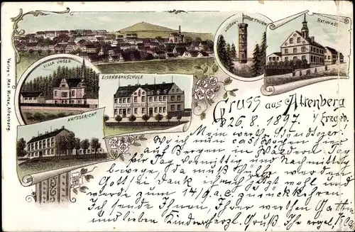 Litho Altenberg im Erzgebirge, Totale, Luisenturm, Rathaus, Amtsgericht, Villa Unger