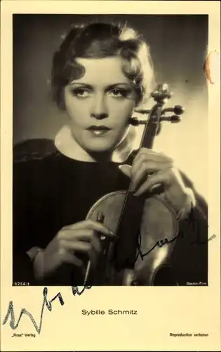 Ak Schauspielerin Sybille Schmitz, Portrait mit Geige, Autogramm