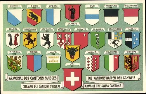 Wappen Ak Kantonswappen der Schweiz, Bern, Wallis, Zürich, Glarus, Schwyz, Genf, Uri, Waadt