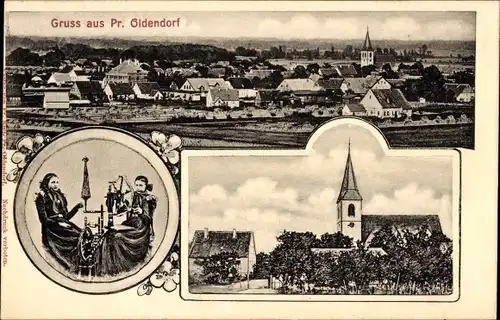 Ak Preußisch Oldendorf in Westfalen, Gesamtansicht, Kirche, Frauen in Tracht, Spinnrad