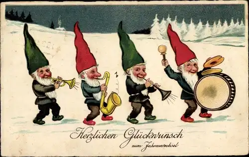 Ak Glückwunsch Neujahr, Zwerge spielen Instrumente, Spielmannszug, Saxophon