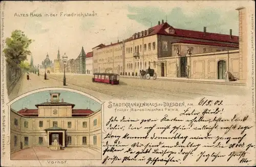 Litho Dresden Altstadt, altes Haus, Stadtkrankenhaus früher Marcolinisches Palais, Vorhof