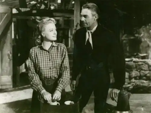 Foto Filmszene, Mann im Sattel, Schauspieler Randolph Scott, Ellen Drew, Pressefoto