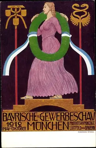 Ganzsachen Künstler Ak Spiegel, Ferdinand, Bayrische Gewerbeschau München 1912, GSB PP27 C4108