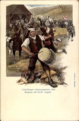 Ak Bregenz am Bodensee Vorarlberg, Vorarlberger Jahrhundertfeier 1900, Mann spielt Trommel, Soldaten