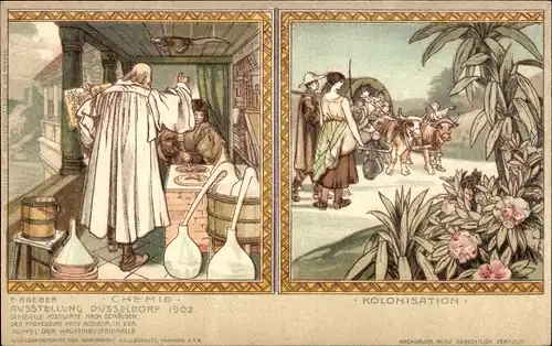Künstler Litho Roeber, Düsseldorf am Rhein, Gewerbeausstellung 1902, Chemie, Kolonisation