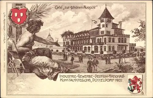 Litho Düsseldorf am Rhein, Industrie- u. Gewerbe Ausstellung 1902, Cafe zur Schönen Aussicht