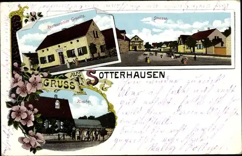 Litho Sotterhausen Allstedt in Sachsen Anhalt, Restauration Grunitz, Kirche, Straßenpartie