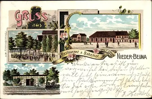 Litho Nieder Beuna Merseburg an der Saale, Restaurant Zum Bahnhof, Gleisseite