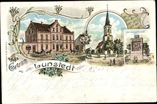 Litho Lunstädt Braunsbedra, Gasthof, Kirche, Denkmal zu Rossbach