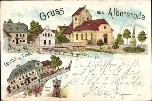 Litho Albersroda Steigra im Saalekreis, Gasthof zur Linde, Wasserturm, Kirche, Kriegerdenkmal