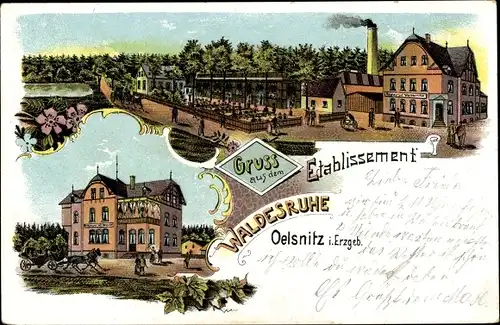 Litho Oelsnitz im Erzgebirge, Etablissement Waldesruhe, Bes. Franz Wolf