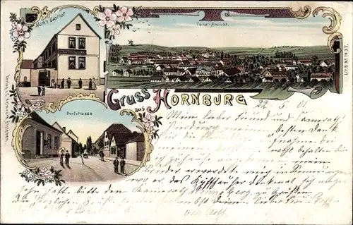 Litho Hornburg Mansfelder Land, Noth's Gasthof, Dorfstraße, Totalansicht