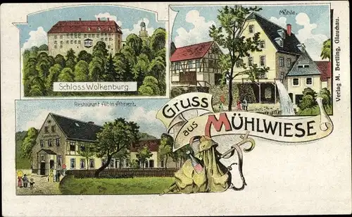 Litho Mühlwiese Limbach Oberfrohna Sachsen, Schloss Wolkenburg, Restaurant Albin Ahnert